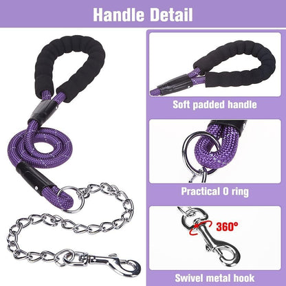 anti Chew Dog Lead - Heavy Duty Rope Dog Leash with No Bite Chain and Soft Padded Handle, No Tangle Strong Leash with Reflective Threads