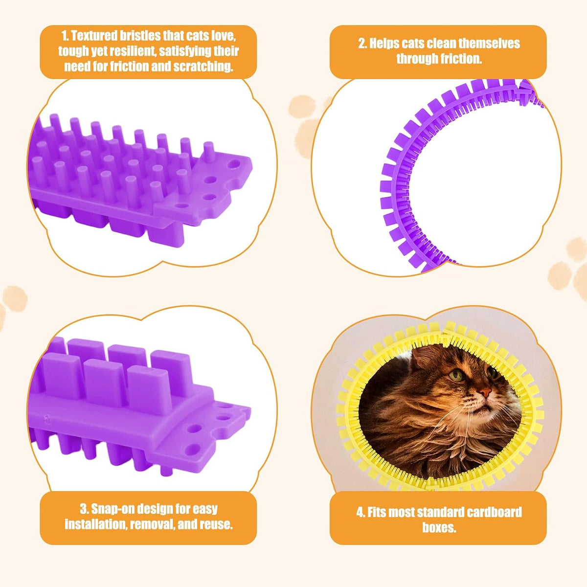 Cat Self Groomer Arch for Cardboard Boxes, DIY Tunnel Self-Grooming Brush Hole with Positioner Reduces Shedding Massage & Rubbing Toy for Indoor Cat Enrichment Fits Hideout Play Condo (Purple)