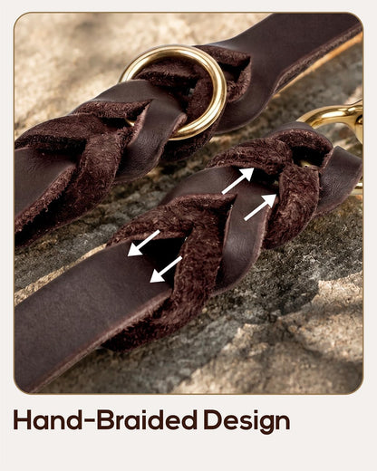 Leather Dog Lead for Large Medium Dogs, Hand-Braided, 180Cm Brown