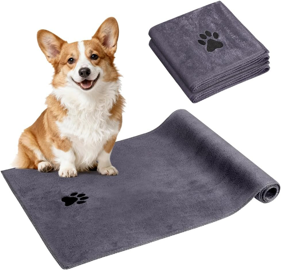 2 Pcs Microfiber Dog Towel, Soft Luxury Super Absorbent Dog Towel, Dries Pets Quickly, Machine Wash, Hand Washing and Dry, Bath Towel for All Breeds Dogs and Cats (75X35Cm, Grey)