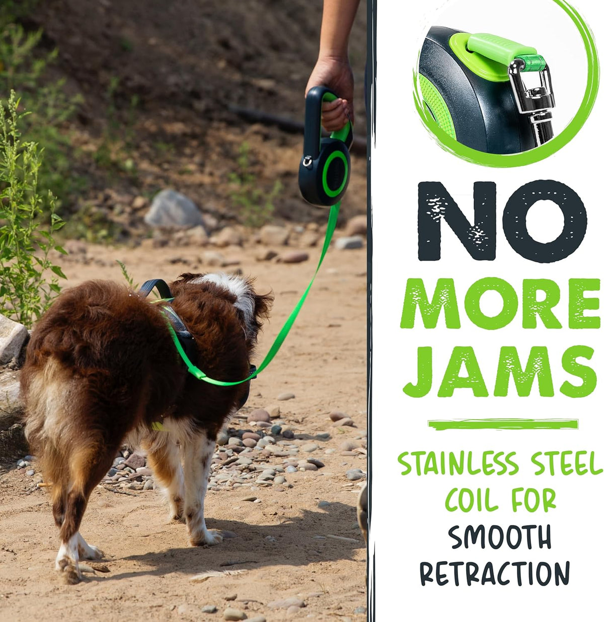 Retractable Dog Lead 2.0 | 5 M Heavy Duty Reflective Extendable Dog Lead for Pets up to 22 Kg. Tangle Free Design W/One Touch Quick-Lock Braking System & Anti-Slip Handle. (Green/Lite)
