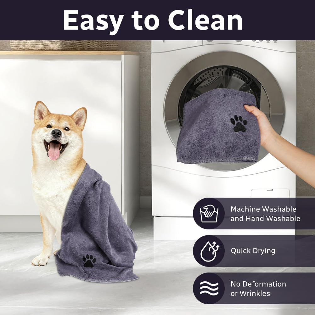 2 Pcs Microfiber Dog Towel, Soft Luxury Super Absorbent Dog Towel, Dries Pets Quickly, Machine Wash, Hand Washing and Dry, Bath Towel for All Breeds Dogs and Cats (75X35Cm, Grey)