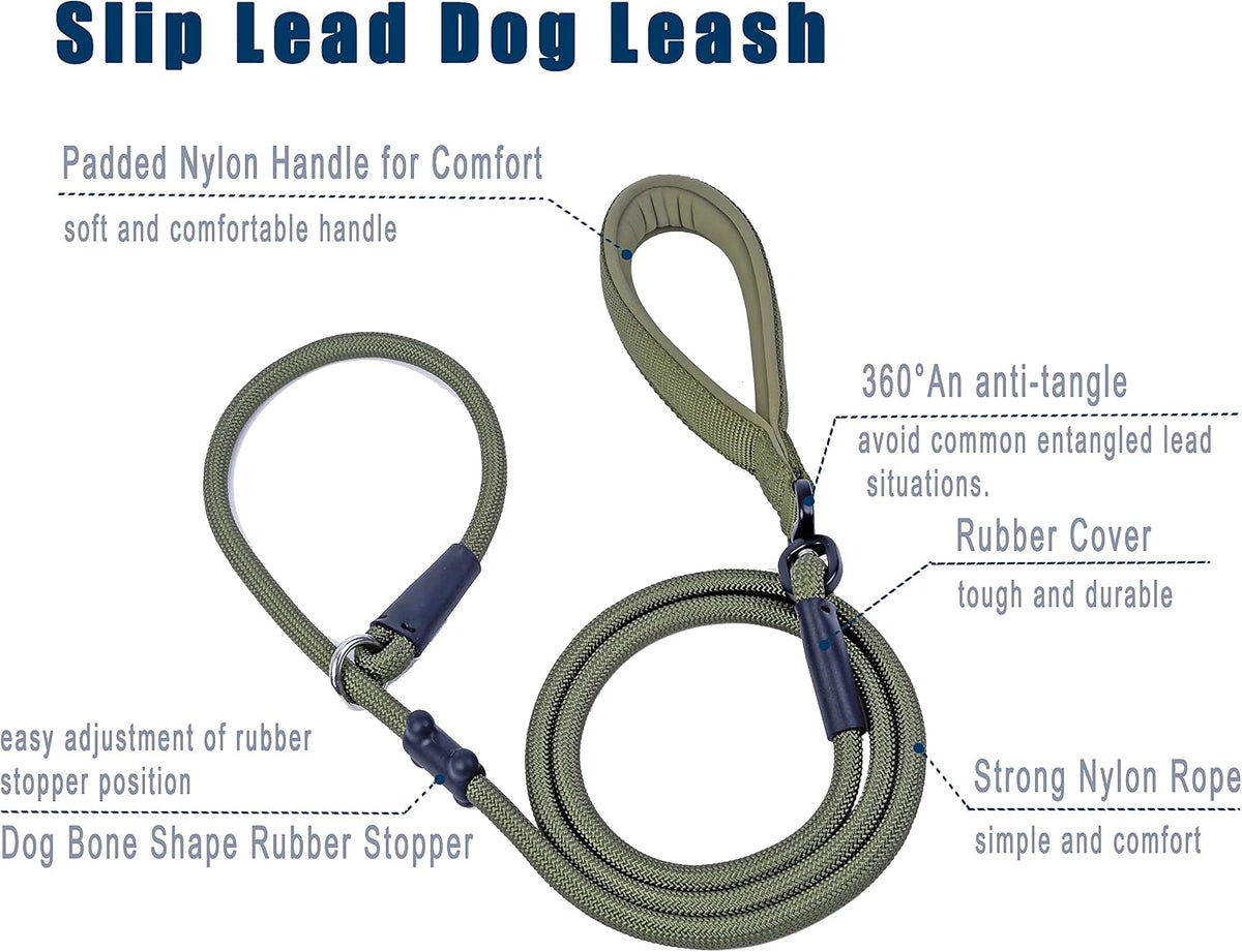 Slip Lead Dog Leash Strong Nylon Rope Leash with Comfortable Handles and Walking Training Lead for Small Medium Large Dogs (Army Green, 1/2"×6Ft)