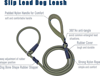 Slip Lead Dog Leash Strong Nylon Rope Leash with Comfortable Handles and Walking Training Lead for Small Medium Large Dogs (Army Green, 1/2"×6Ft)