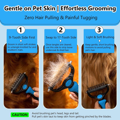 Dematting Comb for Dog and Cat, Double Sided Pet Grooming Tool Deshedding Brush, Horses Undercoat Rake for Long-Haired Pets, Removes Tangles, Mats and Loose Fur