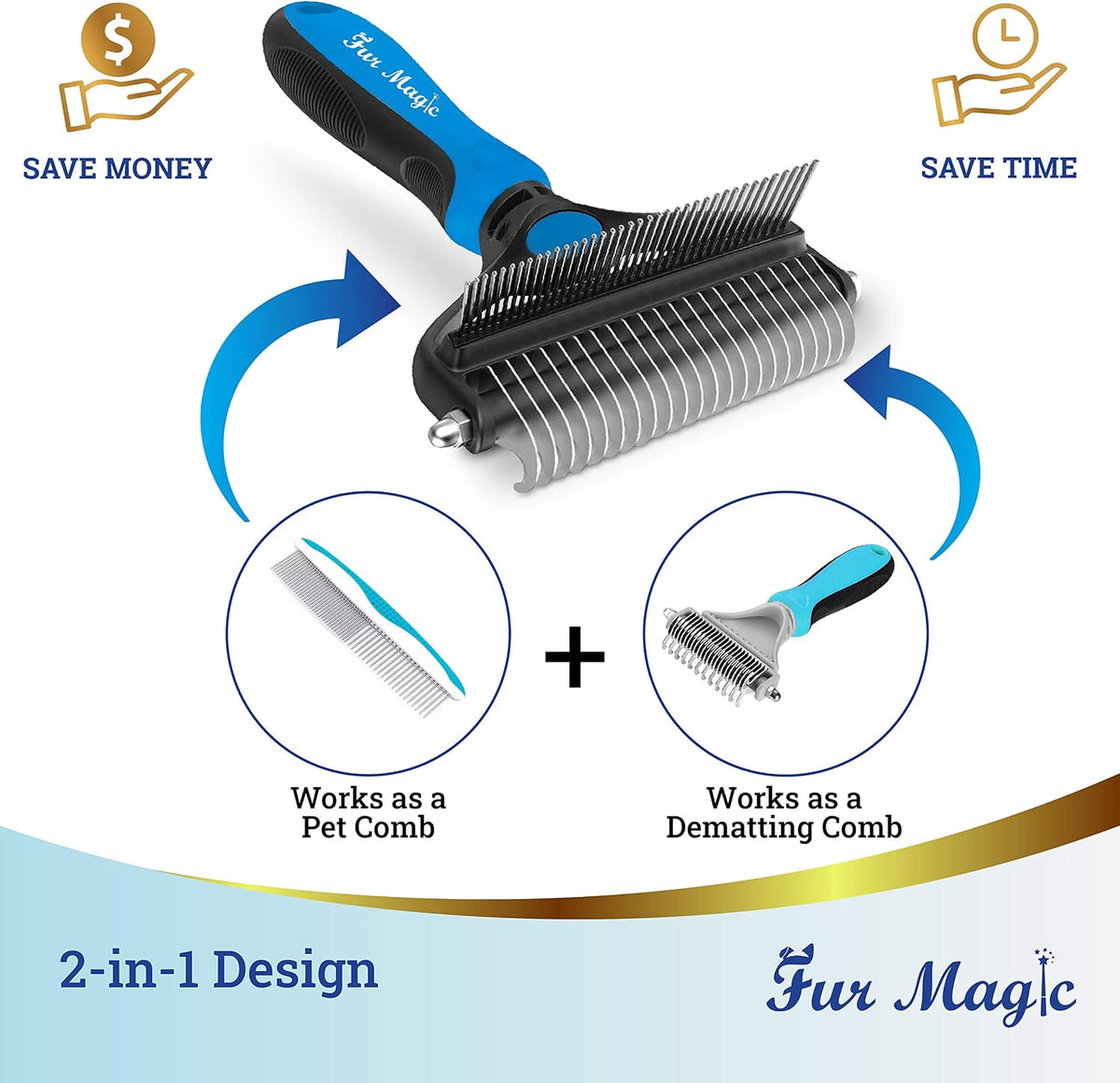 Deshedding & Dematting Comb, Grooming Brush 2-In-1 Undercoat Rake