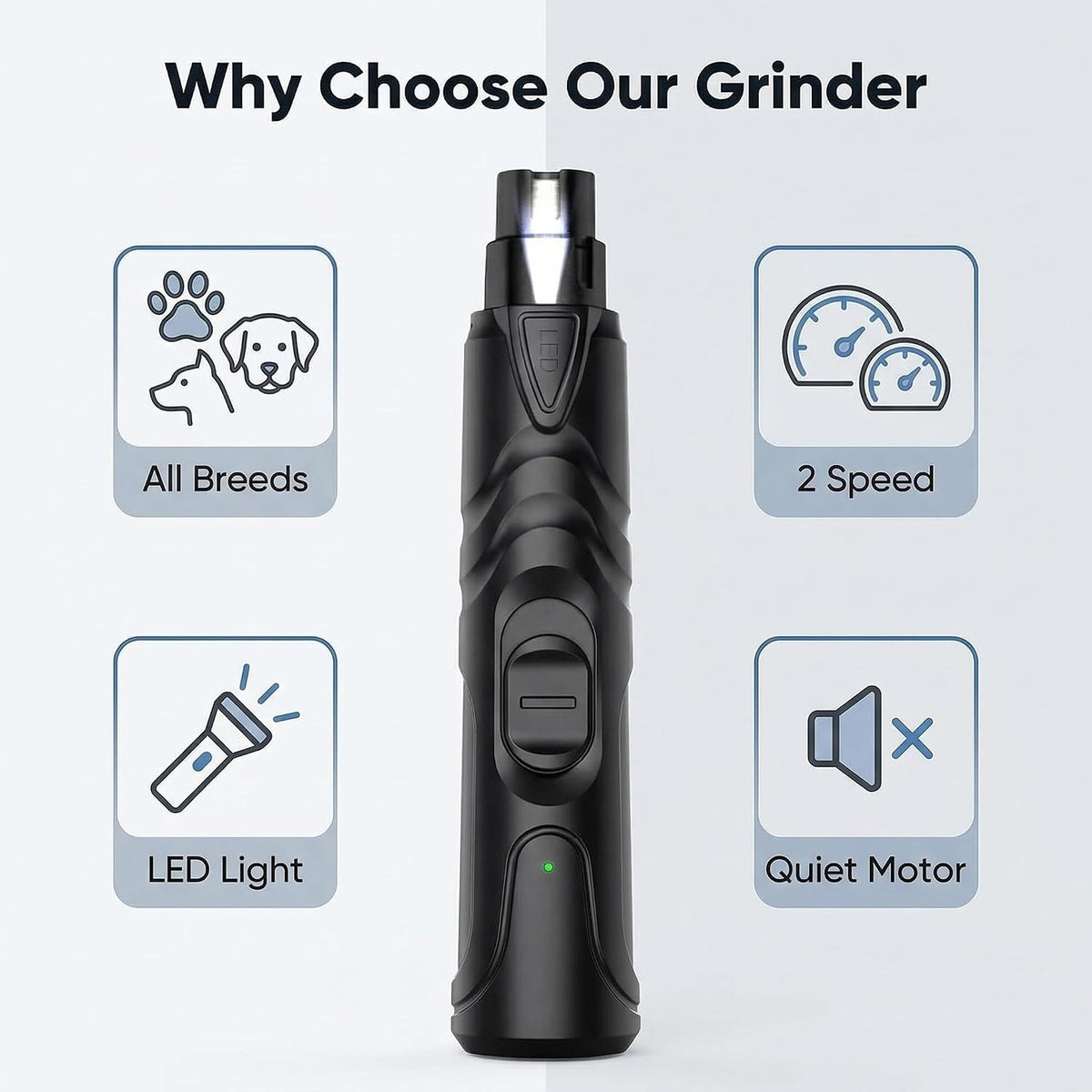 Professional Pet Nail Grinder with LED Light, Rechargeable Electric Dog Nail Trimmer, Silent Operation for Large Medium Small Dogs and Cats, Black